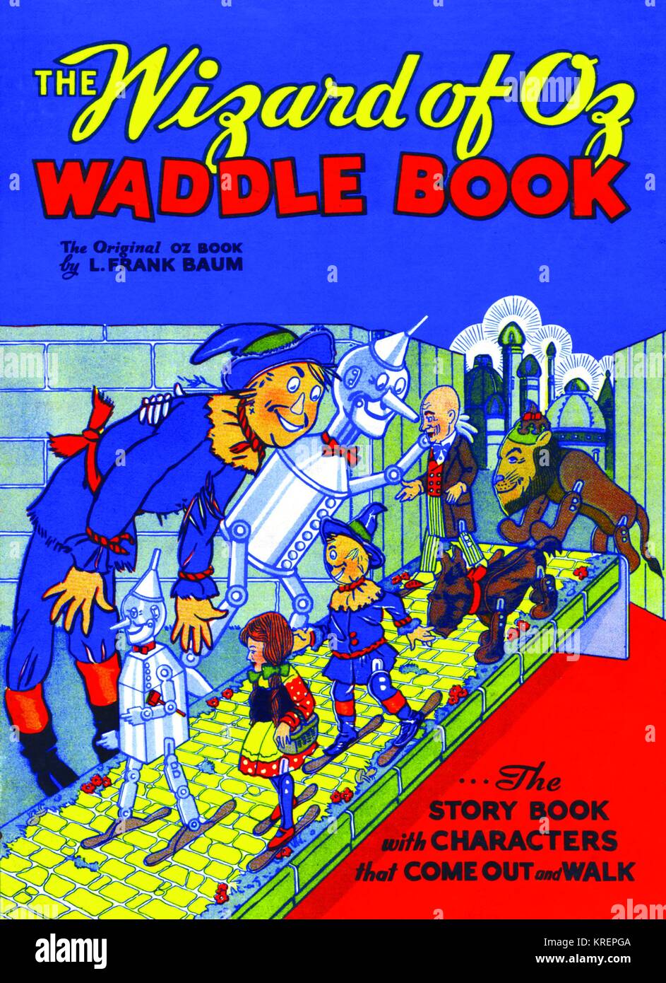 'The Wizard of Oz Waddle Book (1934) - cover to one of the rarest of all movable books.  William Wallace ''W. W.'' Denslow (May 5, 1856 ? March 29, 1915) was an American illustrator and caricaturist remembered for his work in collaboration with author L. Frank Baum, especially his illustrations of The Wonderful Wizard of Oz' Stock Photo