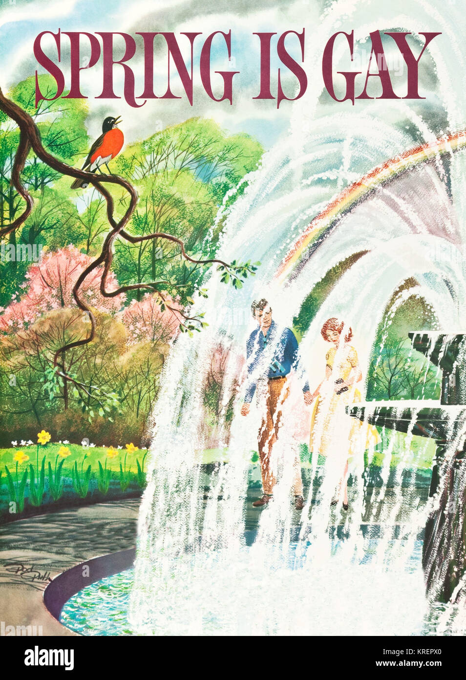 'Artist Rod Ruth (1912-1987) to design a series of posters promoting bus travel throughout the four seasons. ''Fall is Vivid,'' ''Winter Bewitches,'' ''Summer is Fun,'' and ''Spring is Gay.'' Ruth's prodigious career included work as an illustrator for Chicago based magazines, corporate advertising campaigns, children's books, the comic strip ''The Toodles'' from 1941-1958, and perhaps his best known work, the 1972 book Album of Dinosaurs. This original 1960s poster by Ruth trumpets spring in all its pastel perfection -- pink tree blossoms, yellow daffodils, a robin's egg blue sky -- and an ac Stock Photo