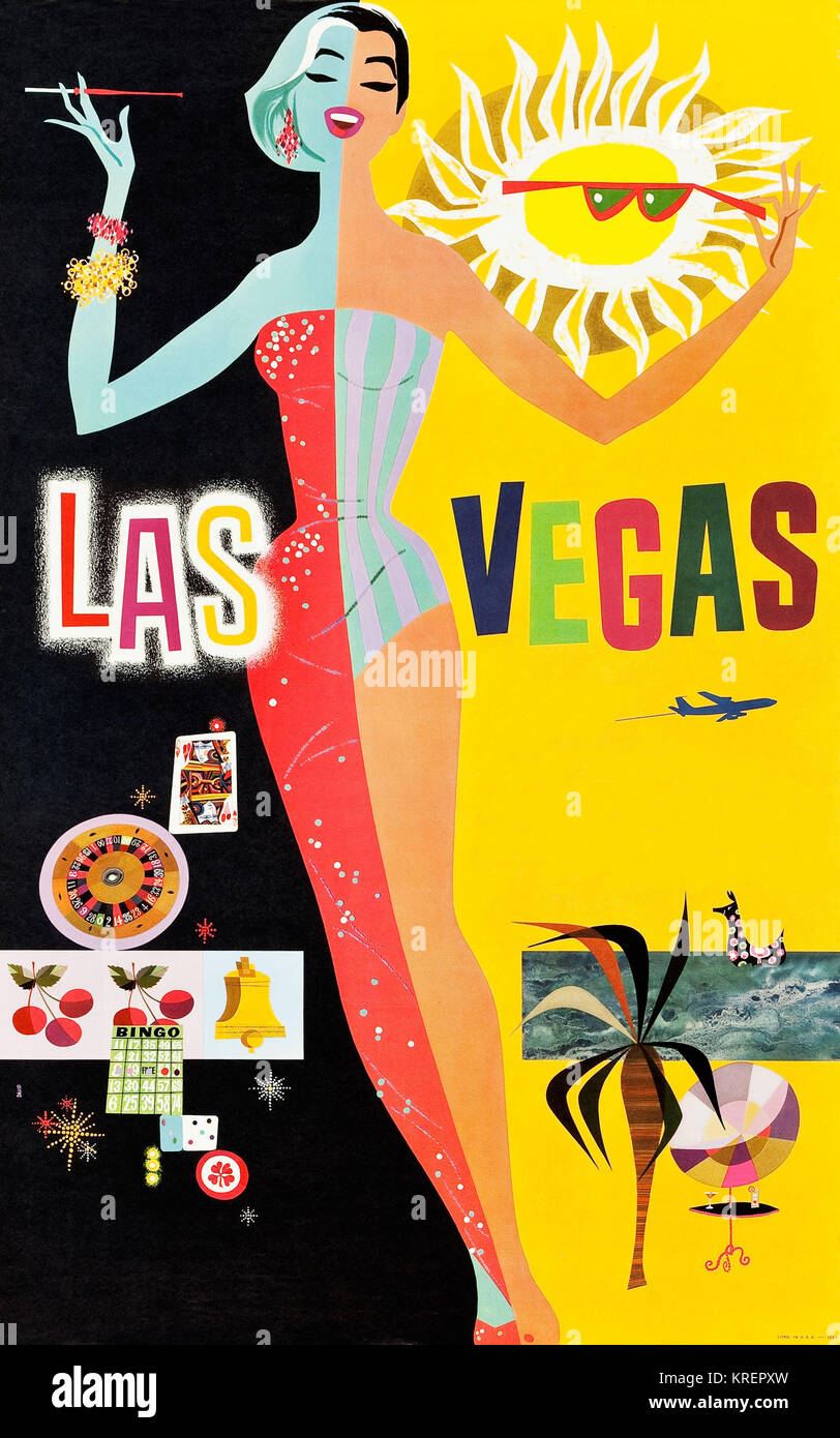 'During the heyday of airline travel of the 1950's and 1960's, a series of travel posters were issued to entice travelers to exotic destinations.  This is one a series of posters from a now defunct airline.  Illustrator David Klein's (1918-2005) big break came in the 1950s when he began working for Howard Hughes' Trans World Airlines (TWA), creating posters that embodied the spirit of post-war air travel. Gaming tables and fun in the sun beckon visitors to Sin City on this Klein creation.' Stock Photo