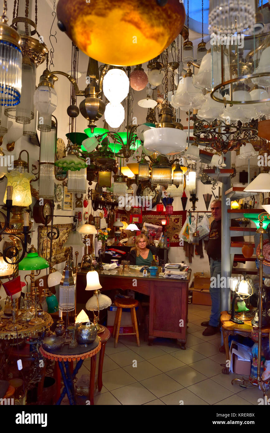 Inside antiques lighting shop in the Monstiraki area of central Athens, Greece Stock Photo