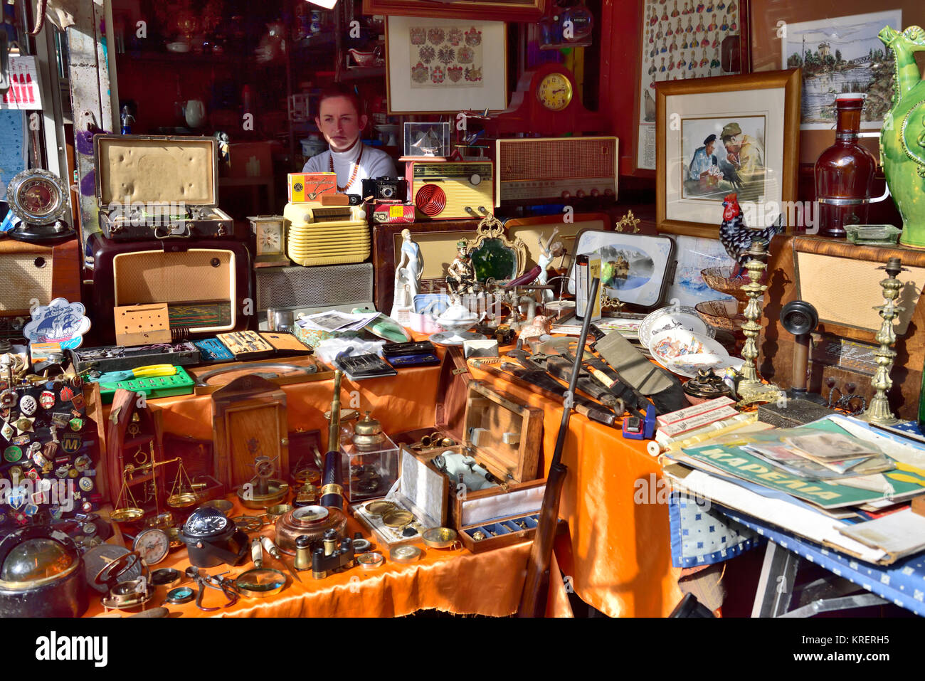 Antiques and bric-a-brac stall in Monstiraki area of central Athens, Greece Stock Photo