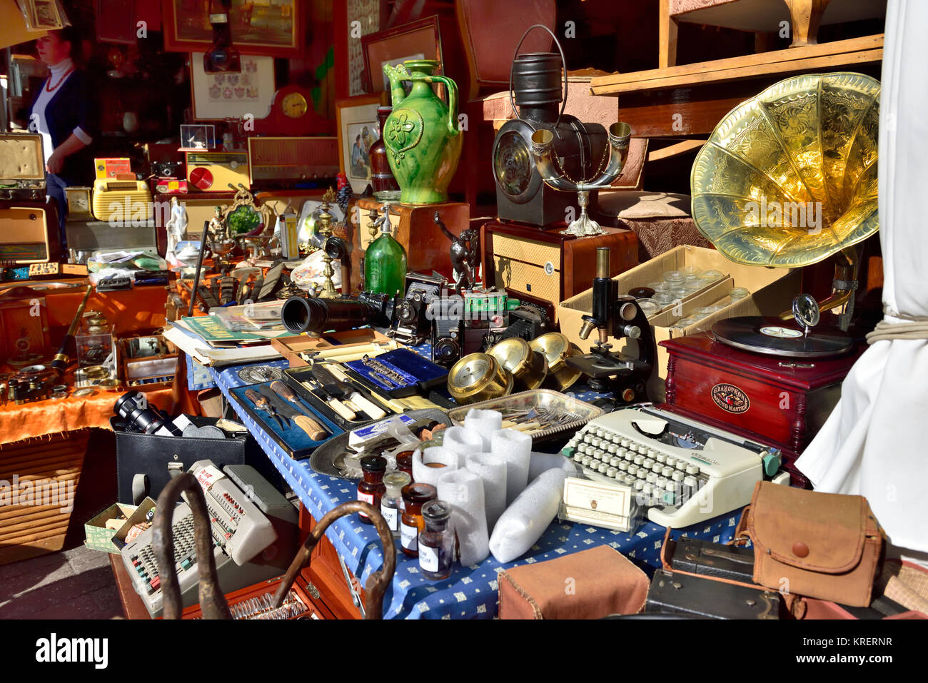Antiques and bric-a-brac stall in Monstiraki area of central Athens, Greece Stock Photo