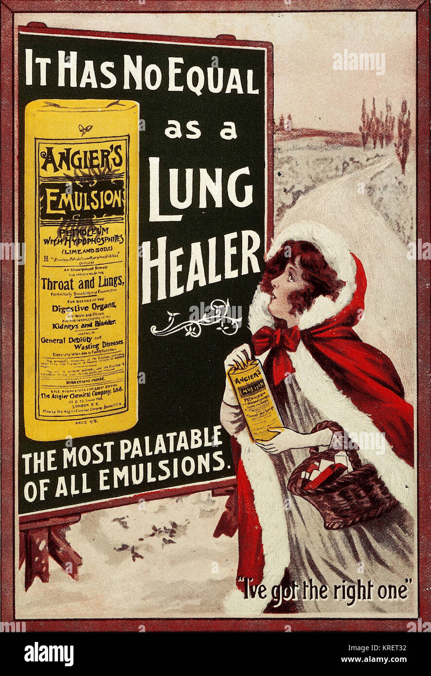 L0031713 Angier's Emulsion, Lung Healer: Lady in the snow Credit: Wellcome Library, London. Wellcome Images images@wellcome.ac.uk http://wellcomeimages.org Ephemera Collection. QV: Advertising: 1850-1920: 1 Angier's emulsion. [Magazine insert]. London: The Angier Chemical Company Ltd., [1907]  A lady in a red, fur-lined cloak, pauses to check a billboard advertising the product 'It has no equal as a Lung Healer; the most palatable of all emulsions'. with the legend; 'I've got the right one'. 1907 Angier's Emulsion heals the lungs, helps digestion / Angier Chemical Co. Published: 1907  Copyrigh Stock Photo