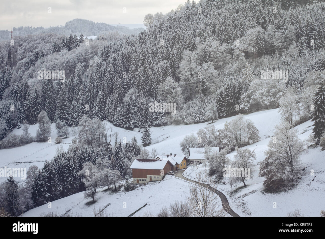 Standalone house in the mountains, Randegg, Austria in the winter Stock Photo