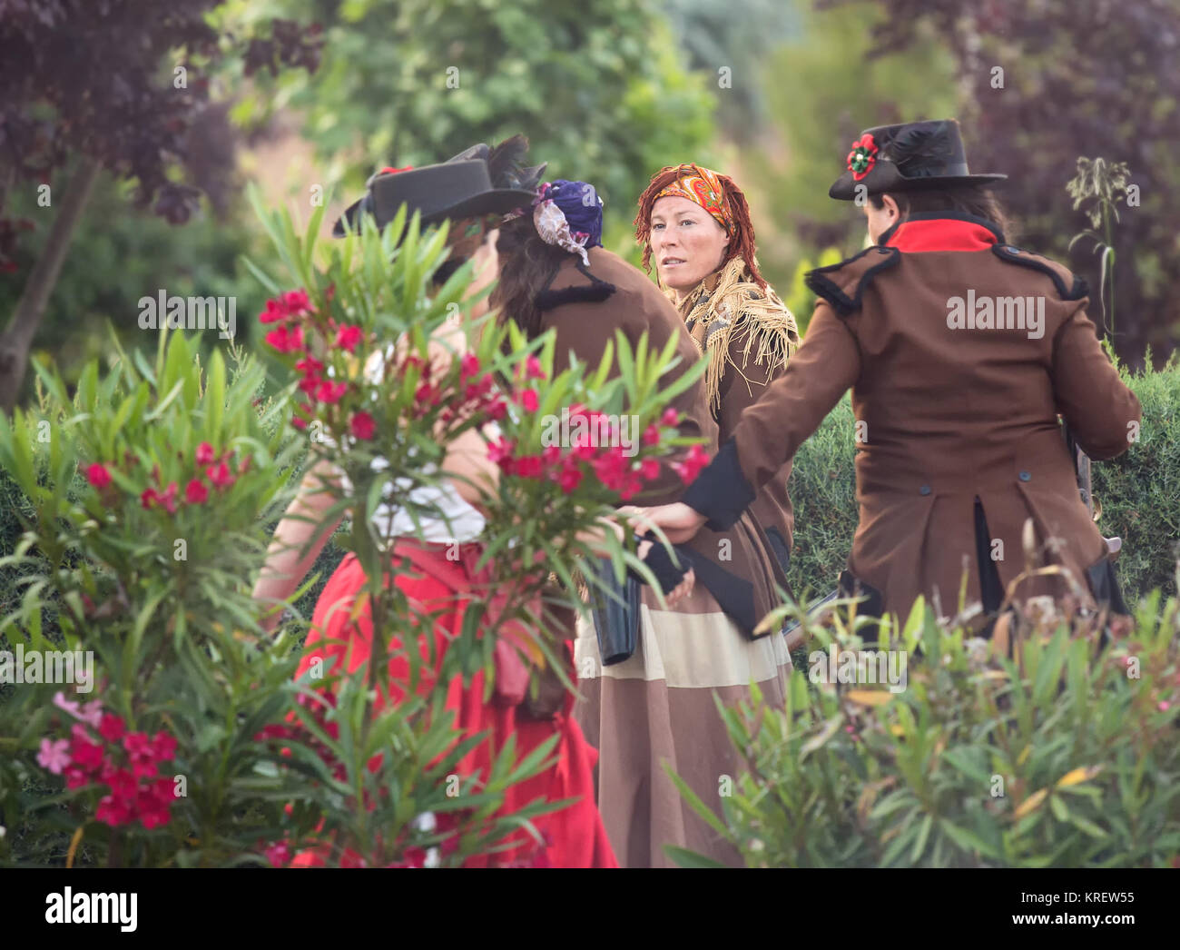 Albuera, Spain - May 17, 2014: Several neighbors civilian clothes nineteenth century involved in historical reenactment of the Battle of Albuera. This Stock Photo