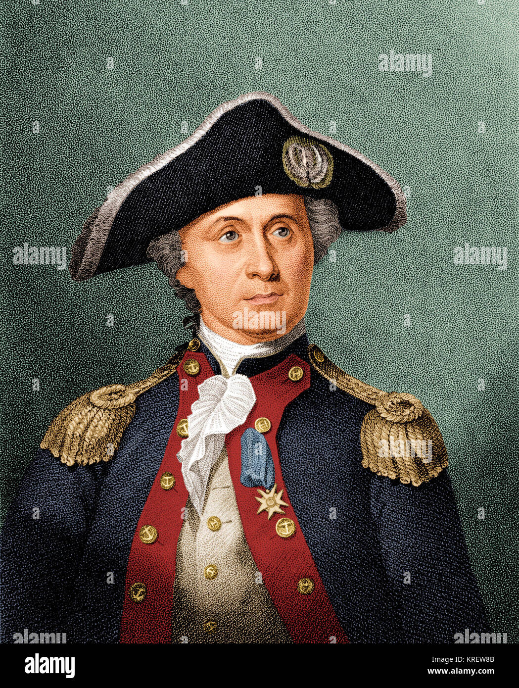 Engraved portrait of American naval officer John Paul Jones (1747 - 1792), late 1700s. During the American Revolutionary War, Jones commanded the US flagship 'Bonhomme Richard' in the naval defeat of the British ship 'Serapis' on September 23, 1779. The engraving is based on an 1890 painting by George Bagby Matthews. (Photo by Stock Montage/Getty Images) Stock Photo