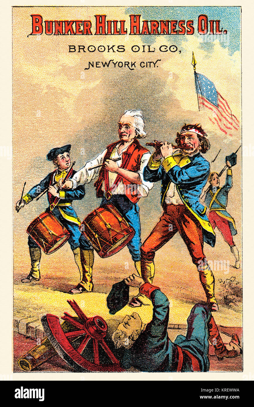 'Victorian trade card for Bunker Hill Harness Oil from the Brooks Oil company in New York City.  Showing a very patriotic picture of three American Revolution era soldiers marching in front the the flag.  Interestingly, the flag is contemporary to the ad, but the soldiers are colonists fighting for the freedom of America when the flag had only 13 stars and in a circle pattern.' Stock Photo