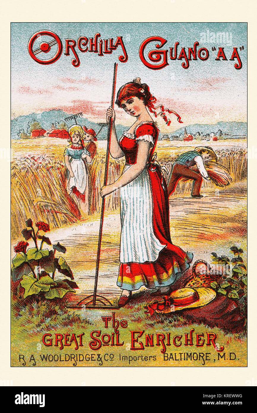 'The Great Soil Enricher is the slogan on this Victorian trade card for a crop fertilizer made of guano.  Guano can be bird, fish, or bat, excrement and is excellent for growing plants on farms.' Stock Photo