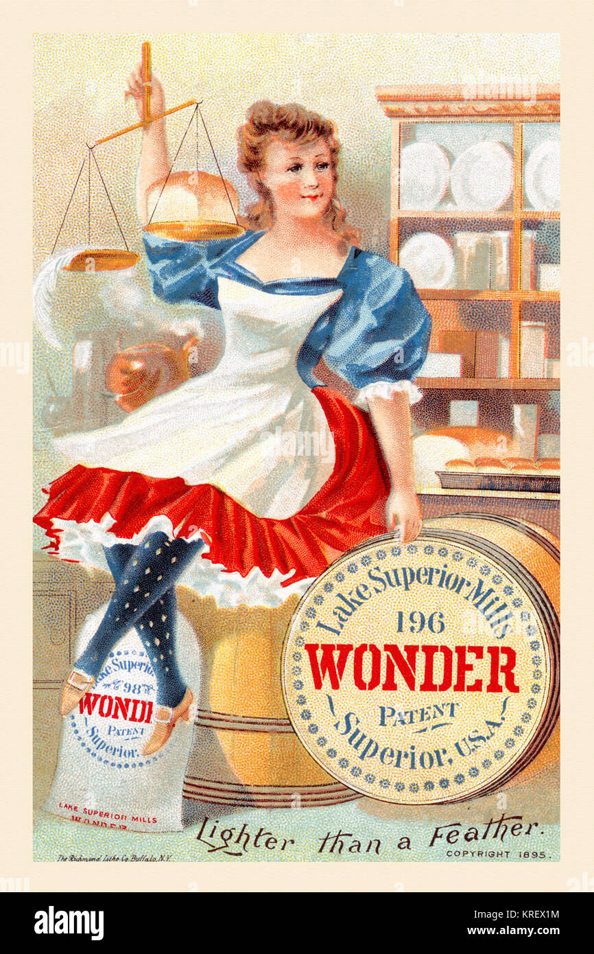 'Victorian trade card for Wonder flour.  ''Lighter than a feather'' is the claim made by showing a woman holding up a scale and showing how light the bread is.  This card is from 1895 and predates the Wonder bread company (1921)' Stock Photo