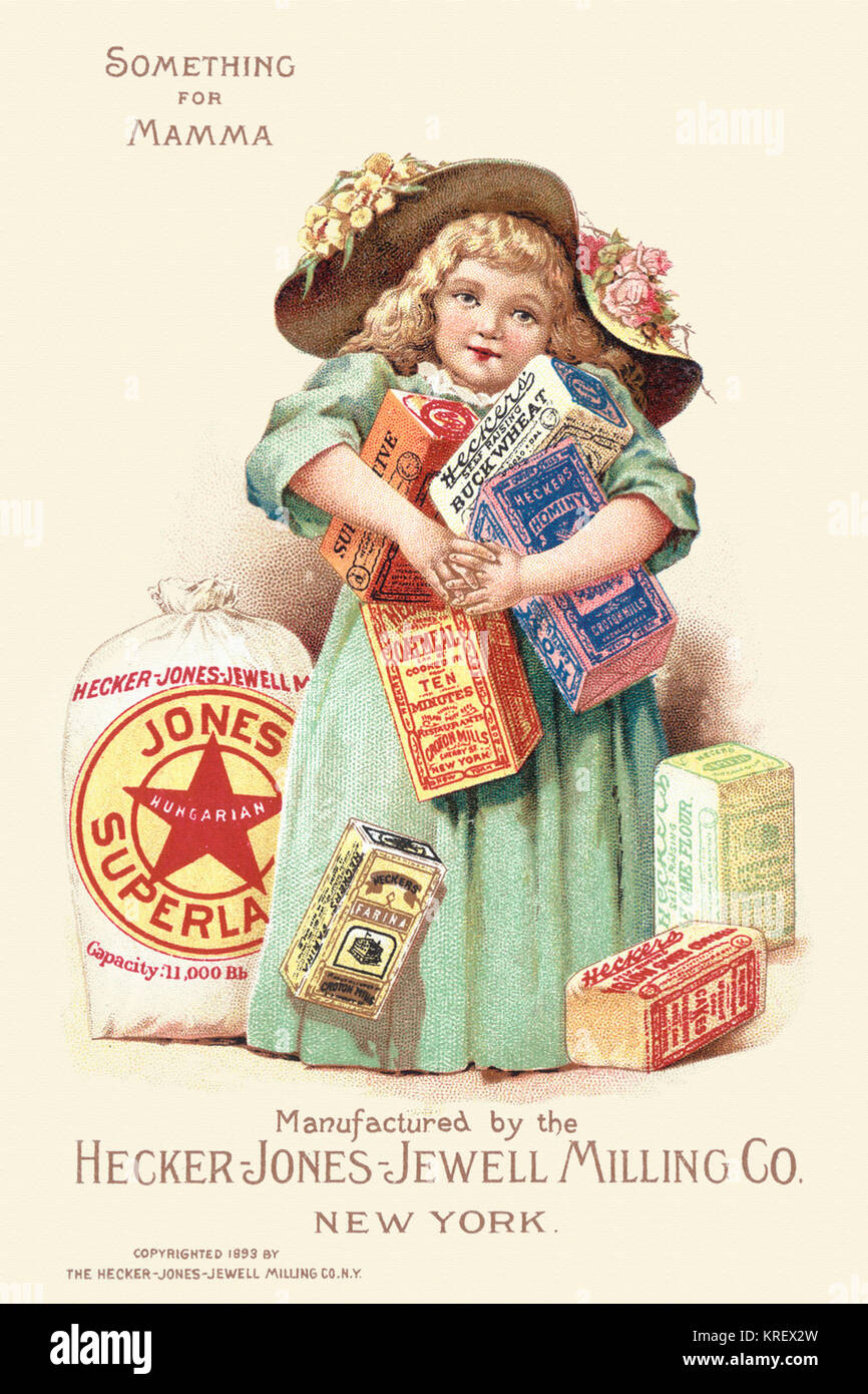 'Victorian trade card for the Hecker-Jones-Jewell Milling company.  The company milled crackers, flour, farina, oatmeal, and hominy grits.  A little girl holds all the products.' Stock Photo