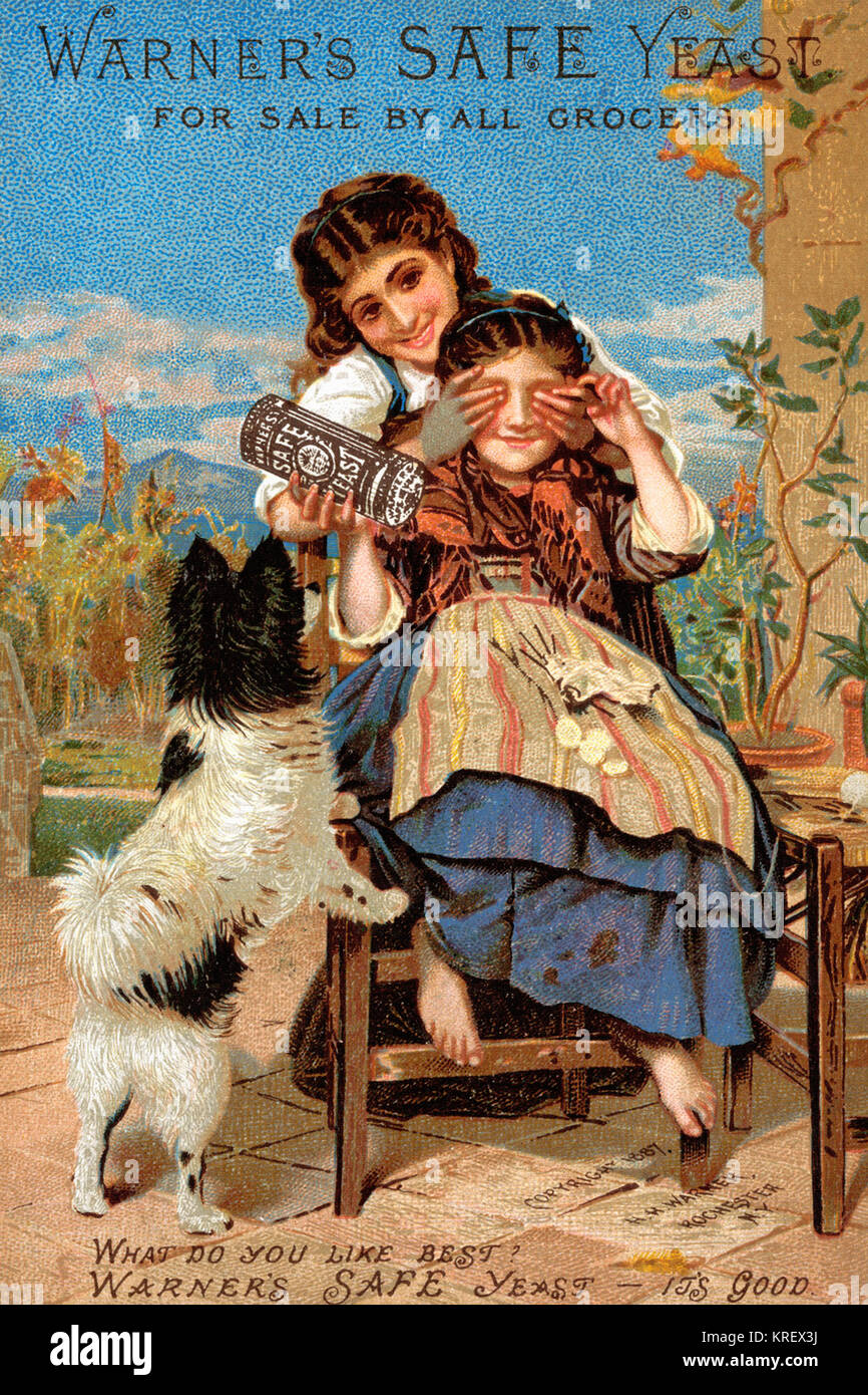 'Victorian trade card for Warner's safe yeast. A dog playfully watches as a girl plays peak-a-boo and asks, ''What do you like best? Warner's Safe Yeast - it's good.''' Stock Photo