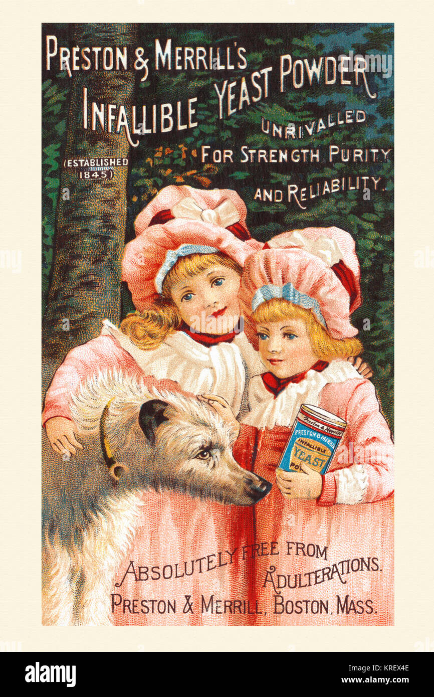 'Victorian trade card for Preston & Merrills Infallible Yeast Powder.  ''Unrivaled for Strength Purity and Reliability, Absolutely free from adulteration.''  Made in Boston, Mass. ' Stock Photo