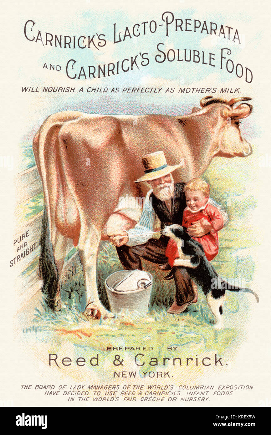'Victorian trade card for Carnrick's Lacto-Preparata and Carnrick's Soluble Food.  A farmer holds a child on his lap and he squirts milk from the udder of a cow directly ''pure and straight'' into a cat's mouth.  ''Will nourish a child as perfectly as a mother's milk.''' Stock Photo