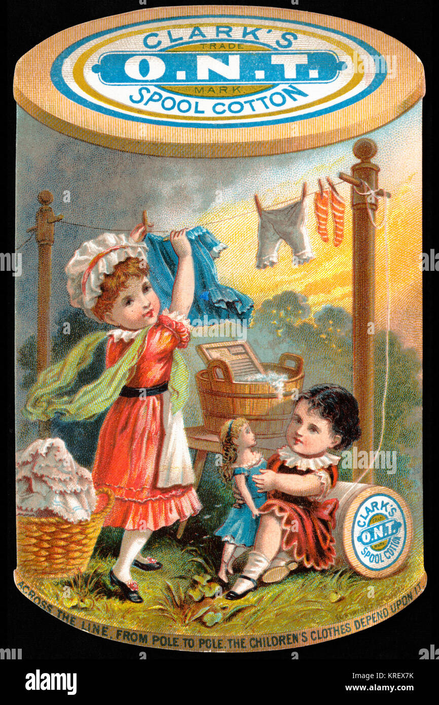 'One of the most prolific users of Victorian trade cards as a way to reach the market was the Clark ONT company that made spool cotton, also called thread.  The example is entitled ''Across the line from pole to pole, the children's clothes demand upon it.''' Stock Photo