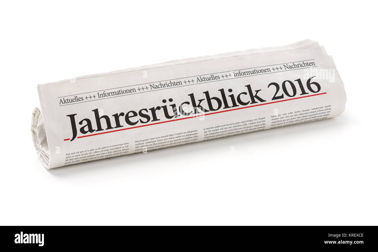 Zeitungsrolle mit der Überschrift Jahresrückblick 2016 Stock Photo