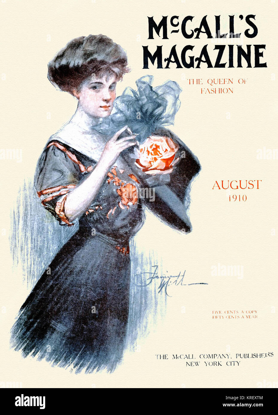 August 1910 McCall's' Fashionable Girl with Bouquet Stock Photo