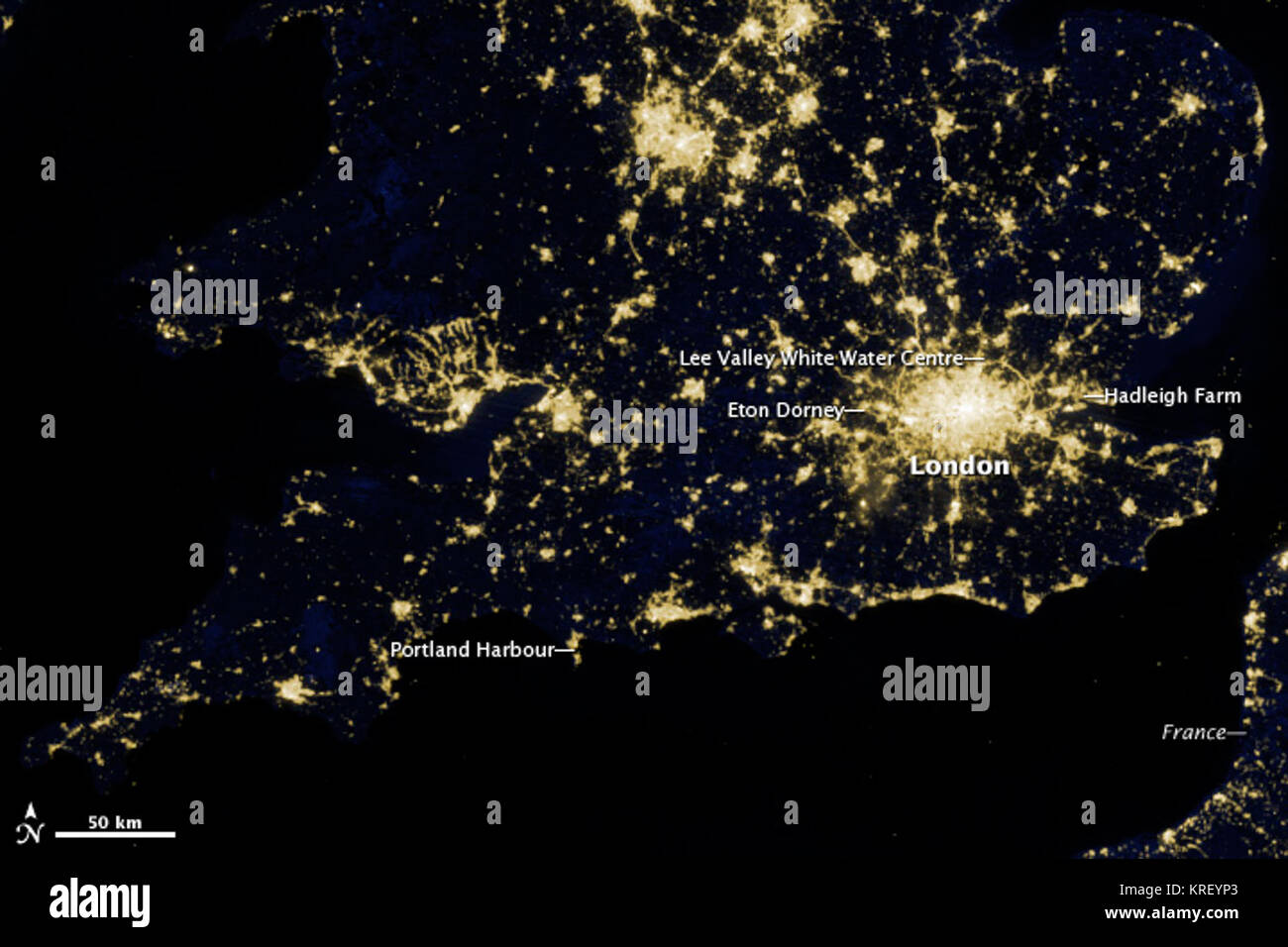 Billions of people will see London through many different filters and lenses during the 2012 Olympic Games and Paralympic Games. None of those views will look quite like this one from the Suomi National Polar-orbiting Partnership satellite.  The image above shows London and the southern half of Great Britain as it appeared on the night of March 27, 2012. While most of the events in the 2012 Olympics will be held in the greater London area, several other cities and towns will host events, including: canoeing at Lee Valley White Water Center; sailing in Weymouth and Portland; rowing and canoeing Stock Photo