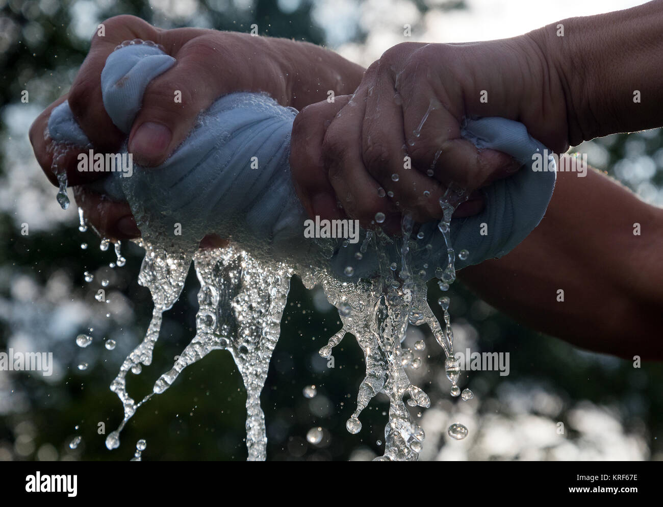 Hands squeeze wet cloth Stock Photo Alamy