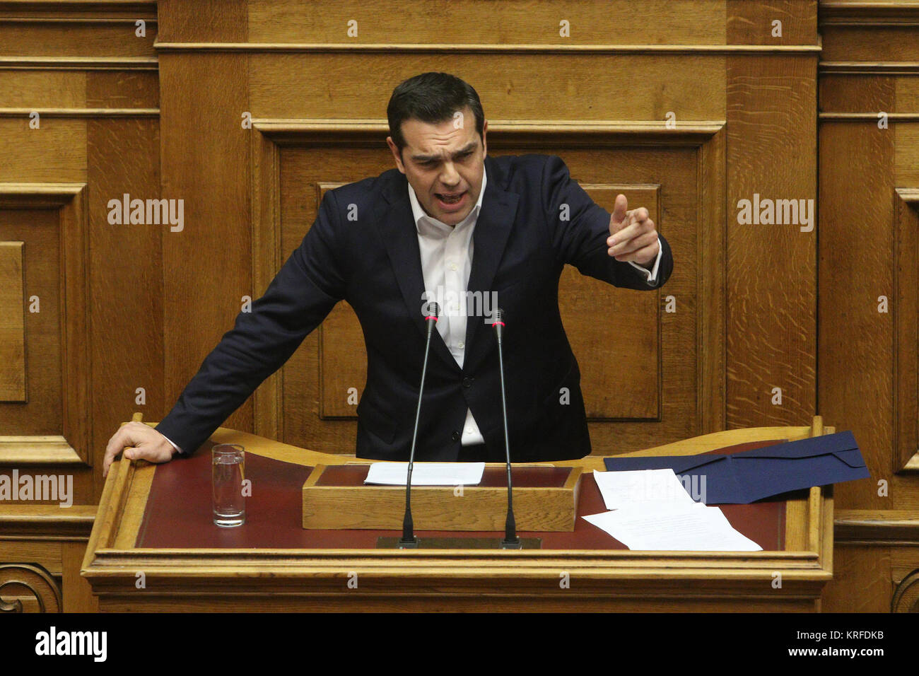 Athens, Greece. 19th Dec, 2017. Greek Prime Minister Alexis Tsipras addresses lawmakers during the parliament's session for the 2018 state budget in Athens, Greece, on Dec. 19, 2017. Greek lawmakers ratified on Tuesday evening the 2018 state budget. Credit: Marios Lolos/Xinhua/Alamy Live News Stock Photo