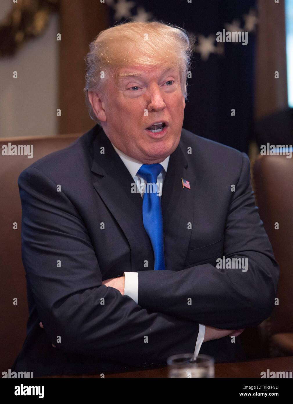 United States President Donald J. Trump speaks to the media during a ...