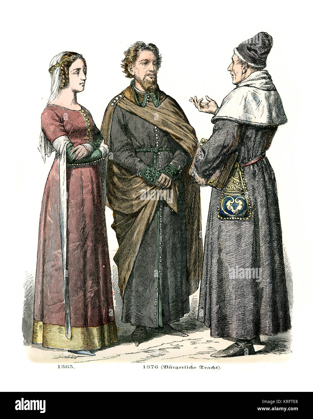 Vintage engraving of English Medieval fashions of common people, 14th Century Stock Photo