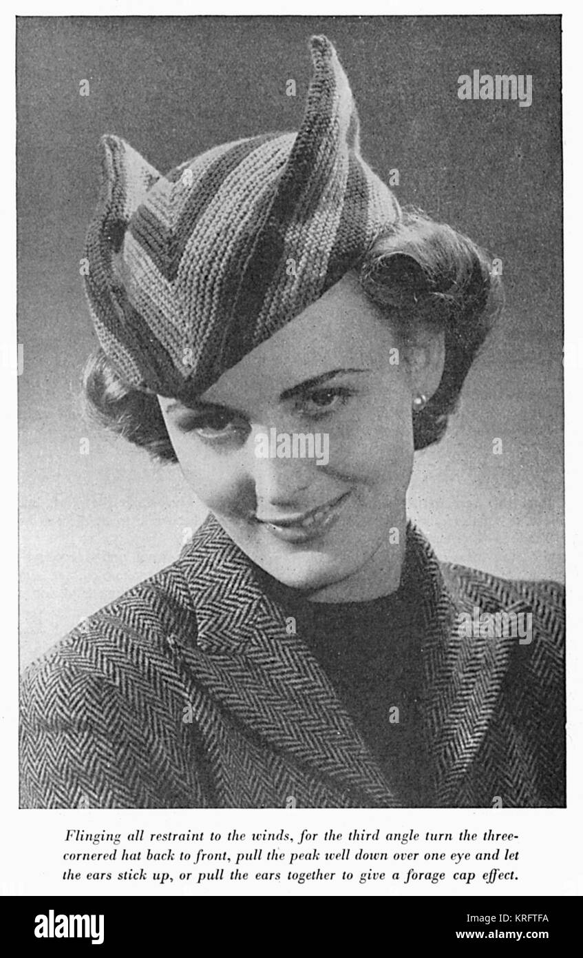 Three cornered knitted hat, circa 1941. Stock Photo