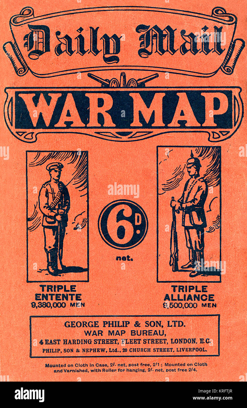 Front cover of a fold out war map issued by the Daily Mail in the early weeks of the First World War.  On the cover, and inside, the map offers statistics regarding the manpower strength of each of the warring nations.  While the Triple Entente of Britain, France and Russia could boast 9,380,000 men (of which Britain comprised just 380,000), the Triple Alliance numbered 9,500,000.  The map was intended to be marked with Philips' flag pins in 'ten different colours' so that civilians could chart the progress of the campaign.       Date: 1914 Stock Photo