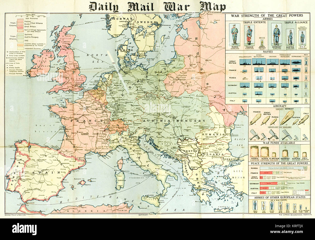 A fold out war map issued by the Daily Mail in the early weeks of the First World War.  The map offers statistics regarding the manpower strength of each of the warring nations, as well as the number of battleships and food stores each had.  While the Triple Entente of Britain, France and Russia could boast 9,380,000 men (of which Britain comprised just 380,000), the Triple Alliance numbered 9,500,000.  The map was intended to be marked with Philips' flag pins in 'ten different colours' so that civilians could chart the progress of the campaign.       Date: 1914 Stock Photo