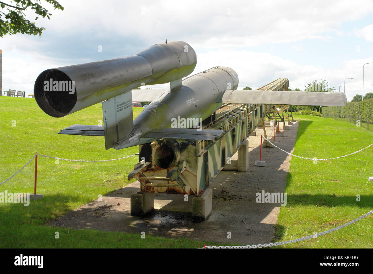 A V1 flying bomb (also known as a buzz bomb and a doodlebug) on display at  RAF Museum, Duxford, Cambridgeshire, a branch of the Imperial War Museum.  The V1 was developed in