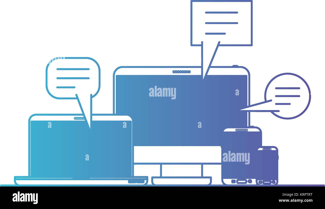 tech devices and dialogue speech in degraded blue to purple color ...