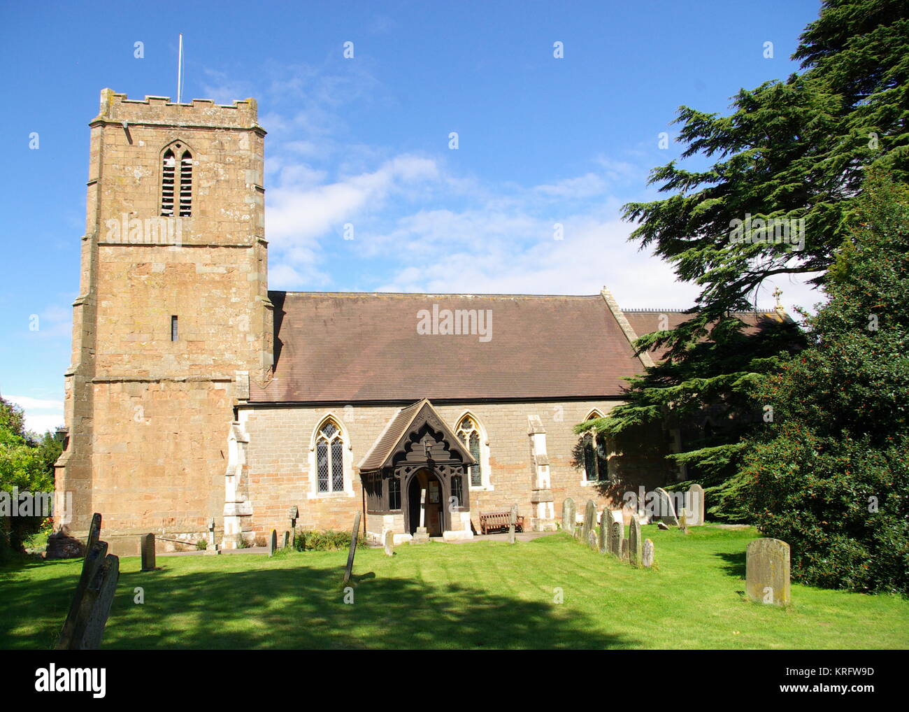 Parish church of St Bartholomew in the village of Redmarley d'Abitot, Gloucestershire, dating back to the 13th century with later additions. Stock Photo