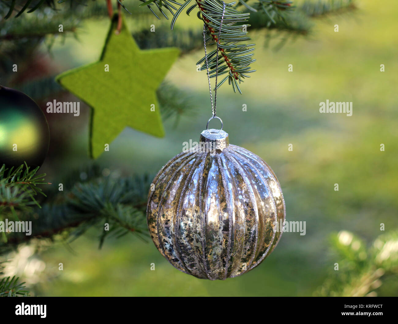 Christmas ornaments on a pine tree outdoors, sunlight, green background ...