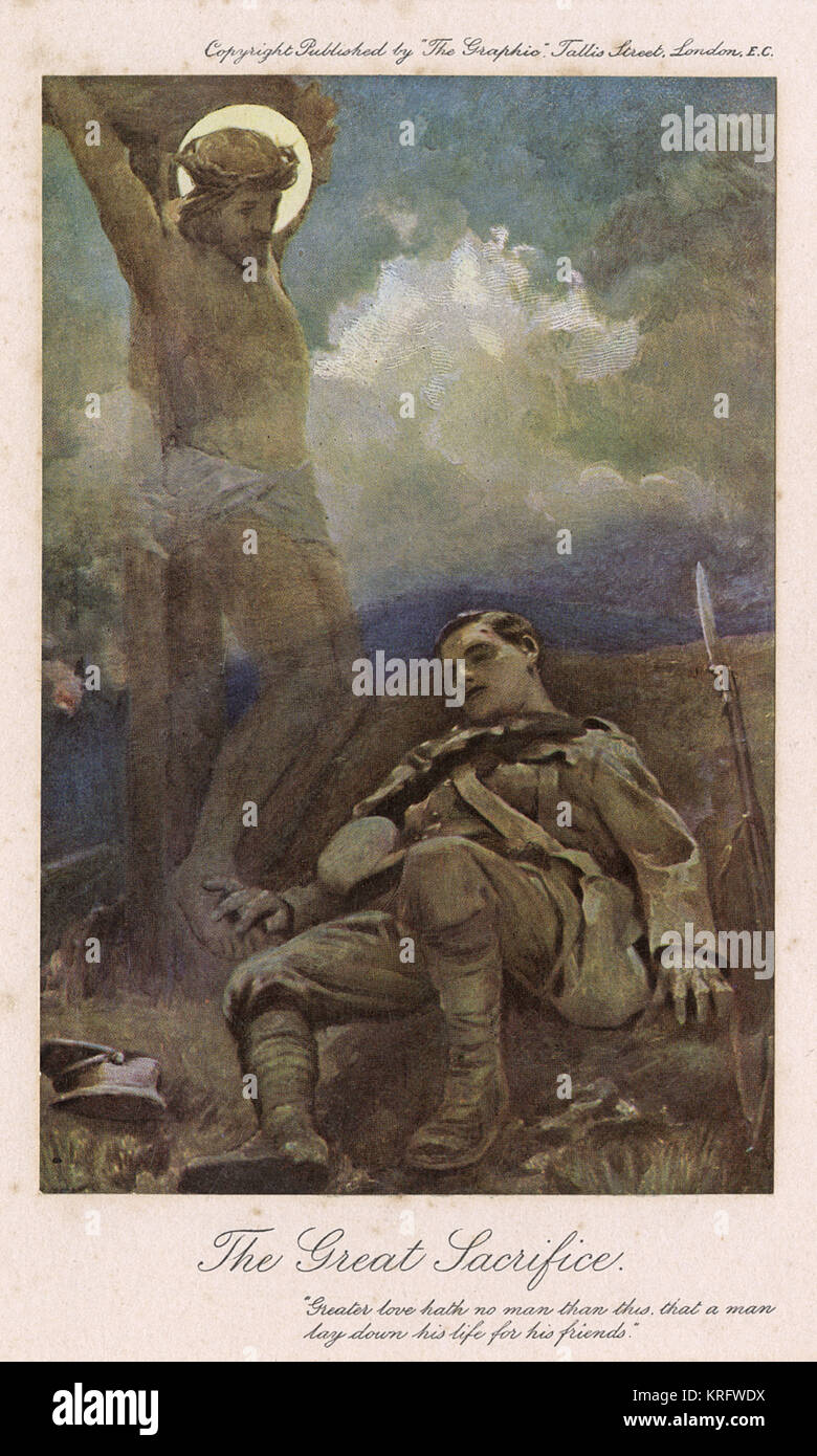 The Great Sacrifice by James Clark, originally published in the 1914 Christmas number of The Graphic. Depicting a dead soldier on a battlefield with an ethereal image of Christ on the cross shining down on him, it was one of the most popular images of the war. Stephen Paget observed in The Cornhill Magazine that this Graphic cover has turned railway bookstalls into wayside shrines; the one and only picture of the war, up to now, which says what most needs to be said on canvas.     Date: 1914 Stock Photo