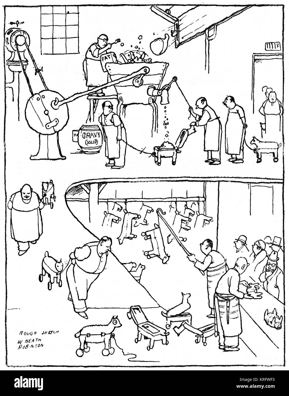 Curious plant in an old meat works, for converting old mutton into spring lamb to meet the season's demands, illustration by William Heath Robinson.   Credit must appear as: Courtesy of Mrs J. C. Robinson/Pollinger Ltd/Mary Evans Picture Library     Date: 1947 Stock Photo
