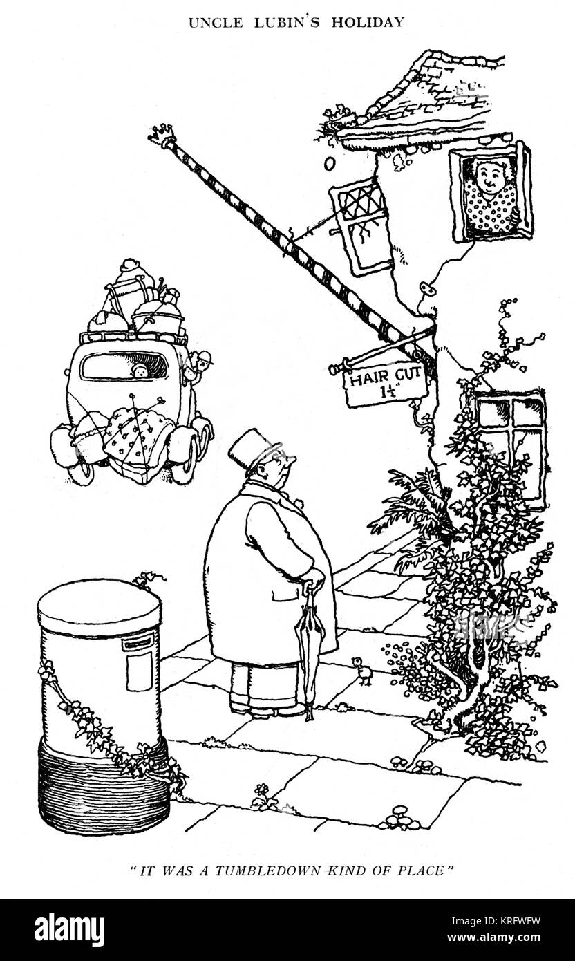 Uncle Lubin's Holiday, illustration by William Heath Robinson (1940s, unfinished) -- It was a tumbledown kind of place. Uncle Lubin decides that he needs a haircut before his family holiday, and goes to a barber's shop off the Strand, in London WC2.   Credit must appear as: Courtesy of Mrs J. C. Robinson/Pollinger Ltd/Mary Evans Picture Library     Date: 1947 Stock Photo