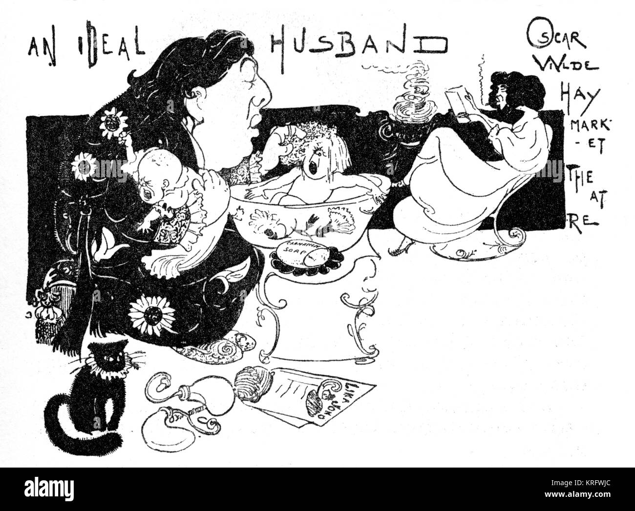 A caricature of playwright Oscar Wilde, acting the part of 'An Ideal Husband' when it was playing at the Haymarket Theatre.       Date: 1929 Stock Photo