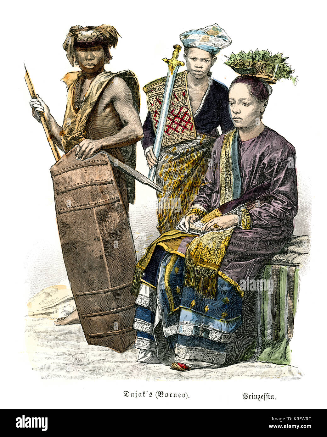 Vintage engraving of Dajak, Borneo, Indonesia, 19th Century. Warrior and woman Stock Photo