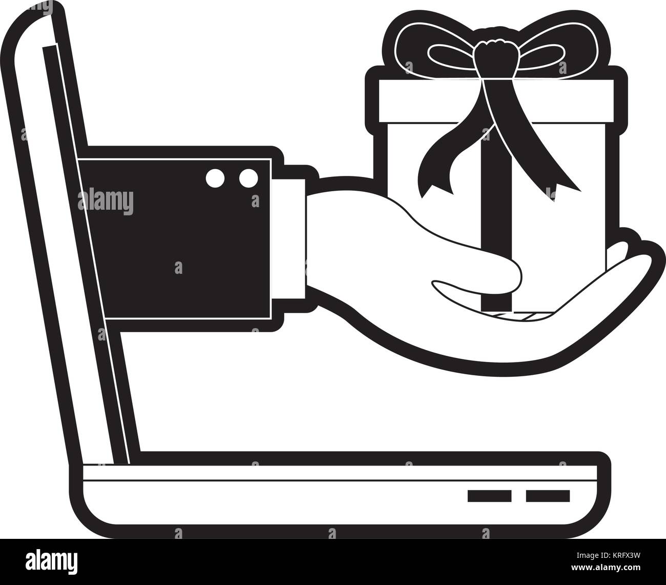 laptop computer and hand holding gift box of purchase online in black