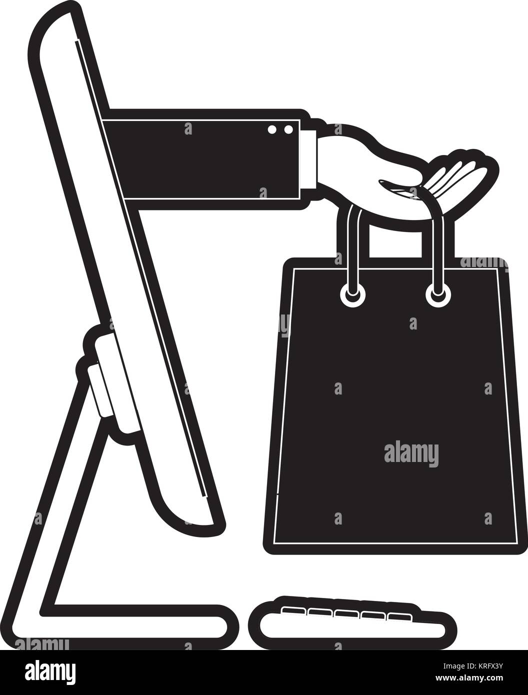 desktop computer and hand holding shopping bag of purchase online in