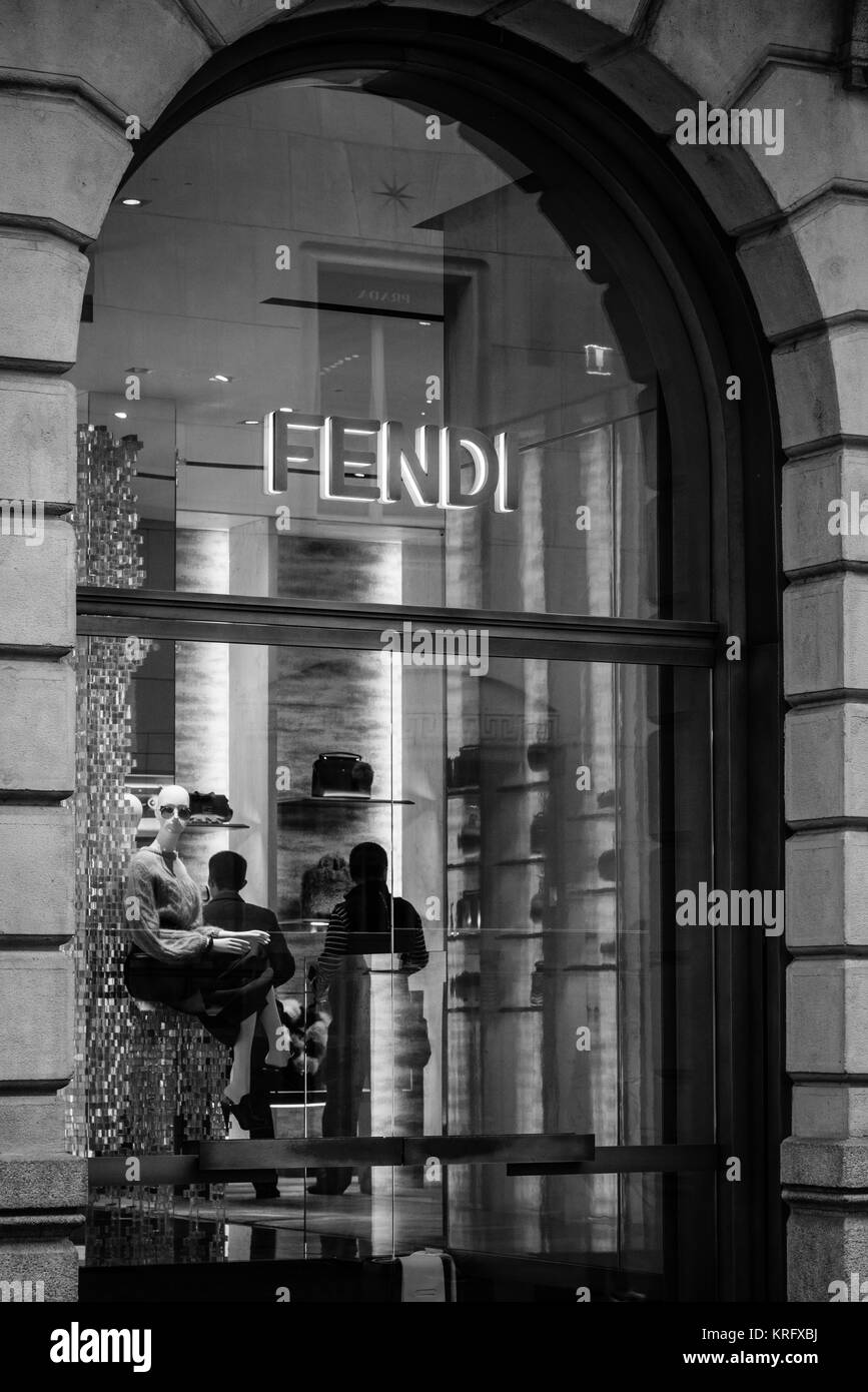 Milan, Italy - September 24, 2017:  Fendi store in Milan. Fashion week Fendi shopping Stock Photo