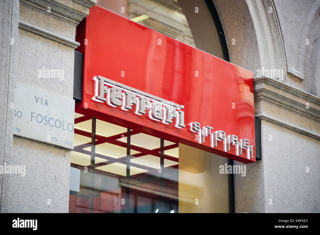 Milan, Italy - September 24, 2017:  Ferrari store in Milan. Fashion week Ferrari shopping Stock Photo