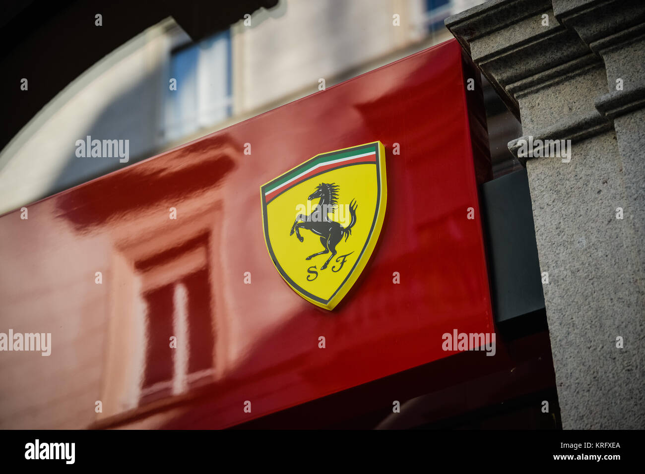 Milan, Italy - September 24, 2017:  Ferrari store in Milan. Fashion week Ferrari shopping Stock Photo