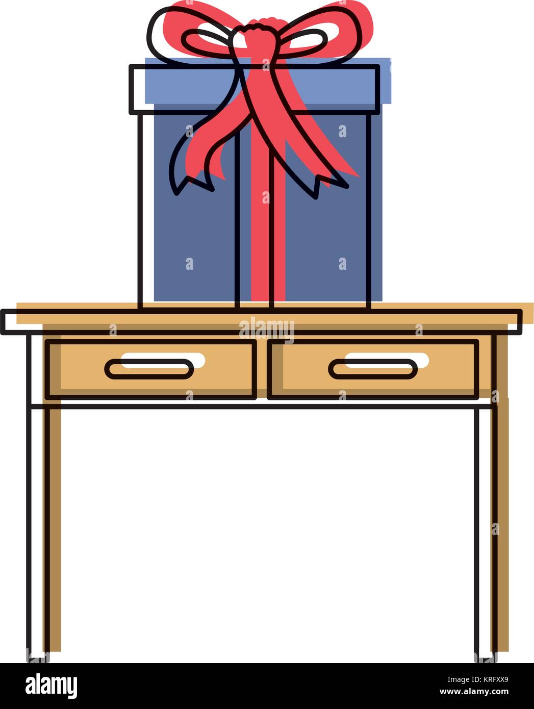 desk table with drawers front view with big gift box in watercolor ...