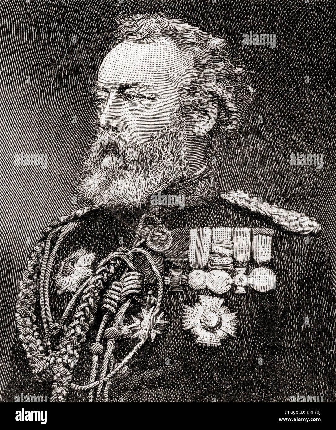 Brigadier General Robert James Loyd-Lindsay, 1st Baron Wantage, 1832 – 1901.  British soldier, politician, philanthropist, benefactor to Wantage, and one of the founders of the British National Society for Aid to the Sick and Wounded in War (later the British Red Cross Society).  Seen here aged 62.  From The Strand Magazine, published January to June 1894. Stock Photo