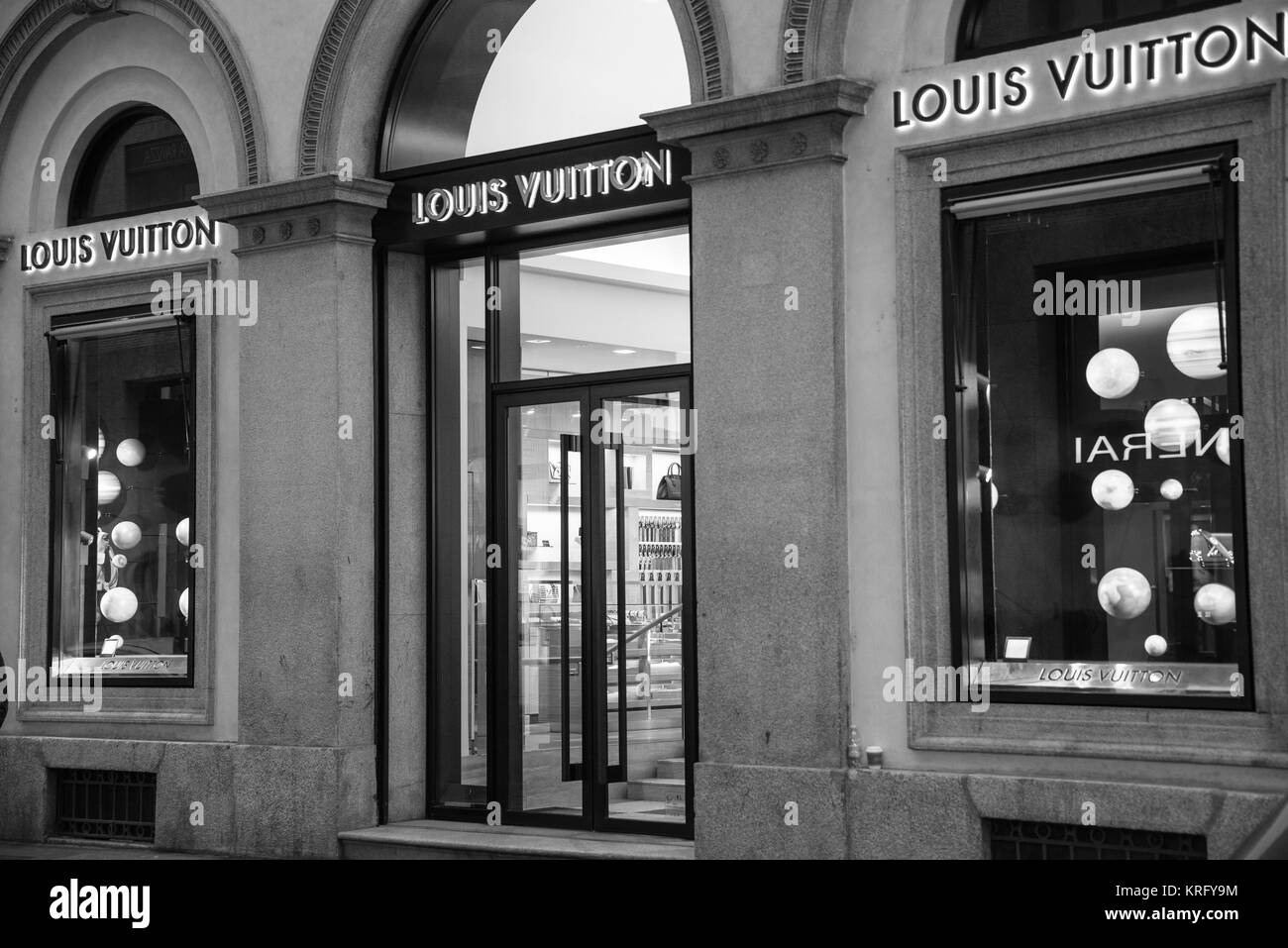 Milan, Italy - September 24, 2017:  Louis Vuitton store in Milan. Fashion week Louis Vuitton shopping Stock Photo
