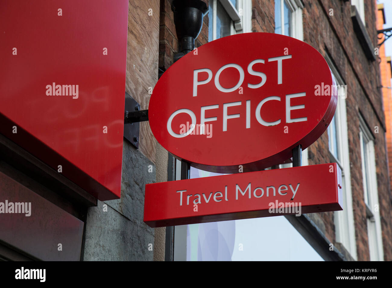 Post Office Travel Money sign outside a Post Office in Shrewsbury, England. Stock Photo