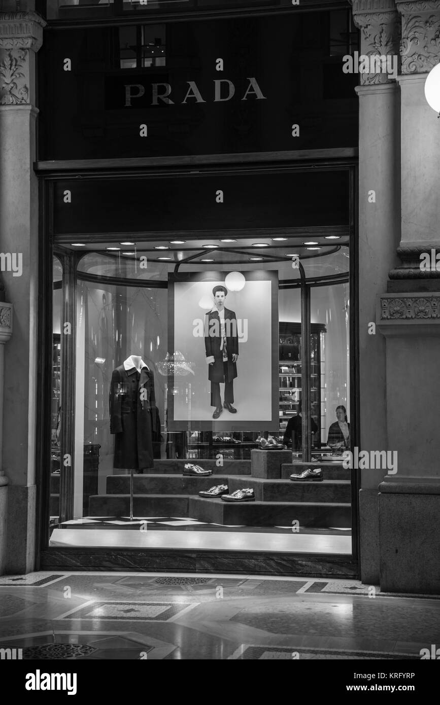 Milan, Italy - September 24, 2017:  Prada store in Milan. Fashion week Prada shopping Stock Photo