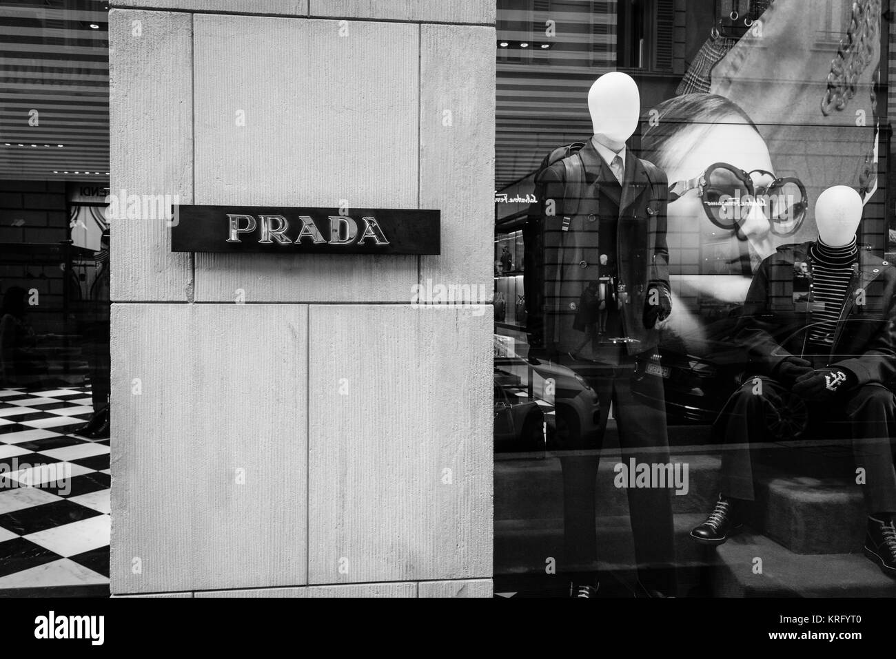 Milan, Italy - September 24, 2017:  Prada store in Milan. Fashion week Prada shopping Stock Photo