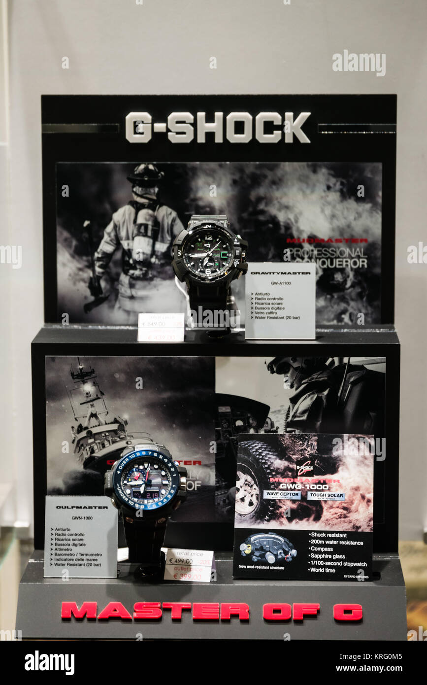 Monza, Italy - February 28, 2017: Shop window with some G-shock watches. G- shock logo Stock Photo - Alamy