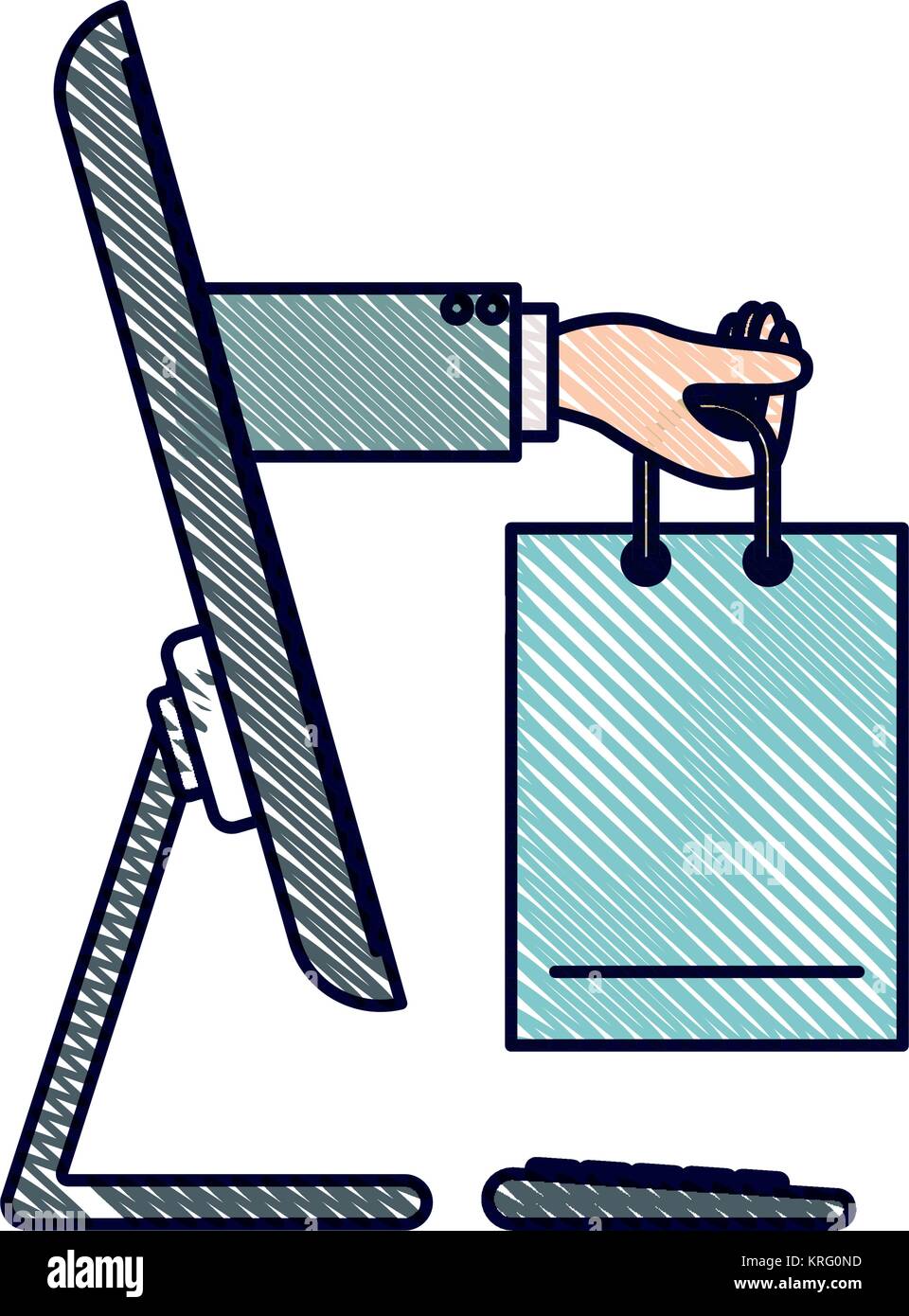desktop computer and hand holding shopping bag of purchase online in